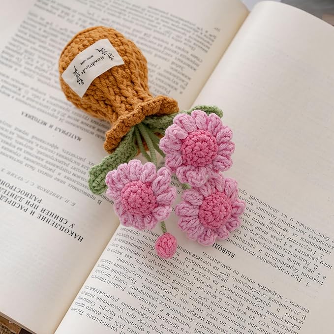 Handmade Crochet Flowers, 6 Inches Small Potted Plants, Knitted Desk Decorations for Home Office Decor (Daisies)