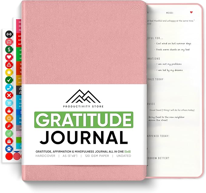 PRODUCTIVITY STORE Gratitude & Self-Care Journal - Guided Mindfulness & Mental Health Journal All-in-One with Prompts for Self Discovery - Daily Journal for Men & Women (A5, Pink)