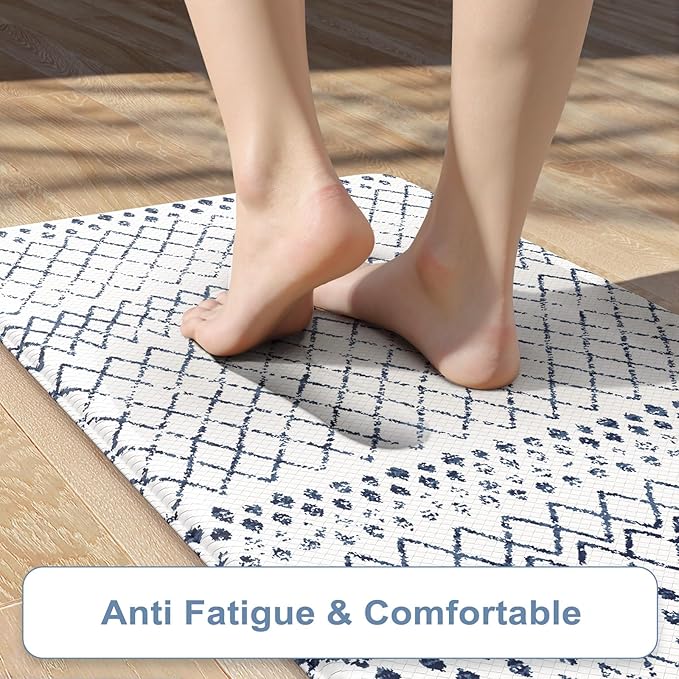 KIMODE Kitchen Mats 2PCS,Cushioned Anti Fatigue Boho Kitchen Rugs and Mats,Non Slip Waterproof Kitchen Mats for Floor,Comfort Foam Standing Desk Mat for Home,Office,Sink,Laundry,Blue and White