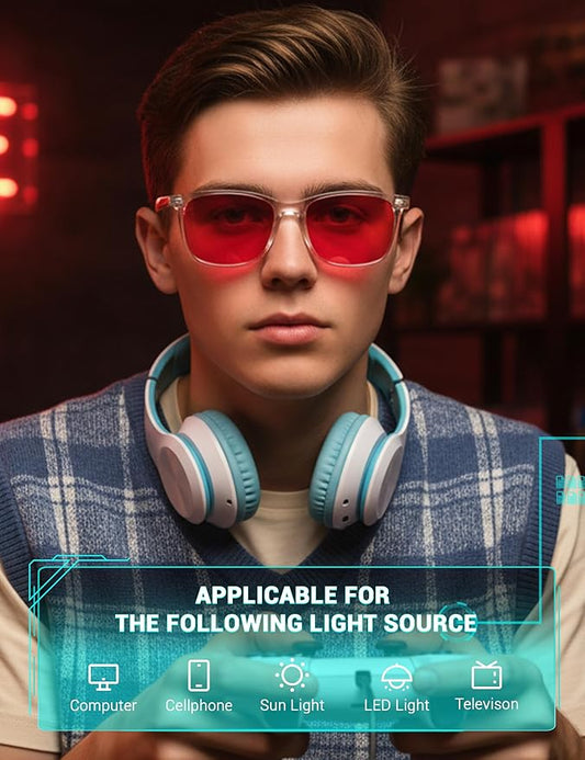 TIJN Sleep Glasses for 99.9% Blue Green Light Blocking for Women Men Dual AR Coating Red Lens for Computer Gaming, TR90