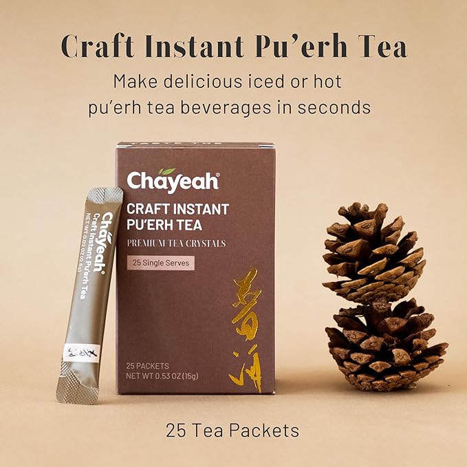 CHAYEAH, Craft Instant Pu'erh Black Tea, Quick Brew Tea Crystals, No Sugar, Natural Caffeine, Hot or Cold (25 Packets)