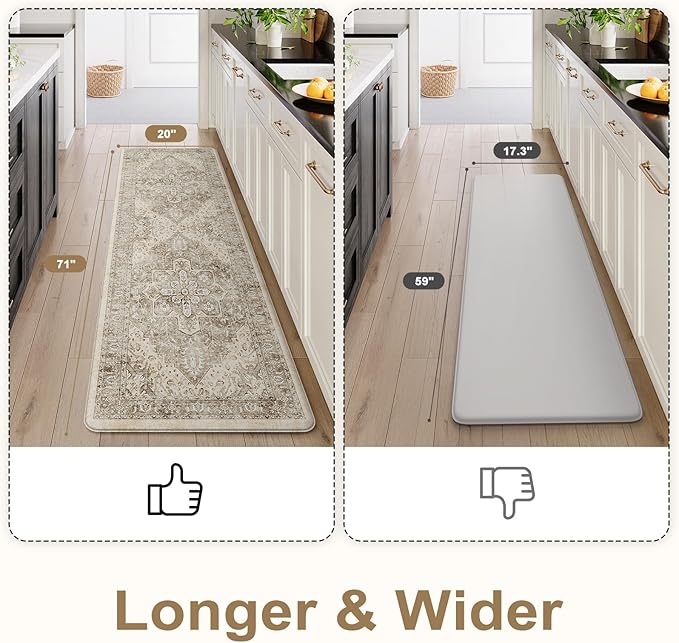 KIMODE Anti Fatigue Kitchen Mats for Floor, 20"x71" Boho Oriental Kitchen Rug, Padded Kitchen Floor Mats Non Slip, Cushioned Standing Mats for Front of Sink Laundry Desk Bedroom Khaki