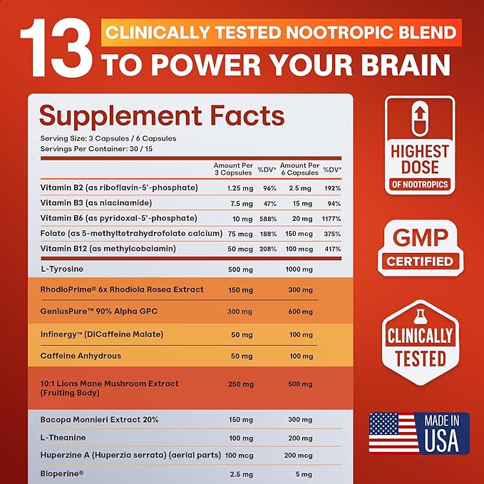 Nootropic Strongest Focus Supplement - Clinically Backed Ingredients Made in USA - Scientifically Backed Doses - Supplement for Brain Fog - AlphaGPC, Lions Mane, Rhodiola and More 10:1 90 Capsules