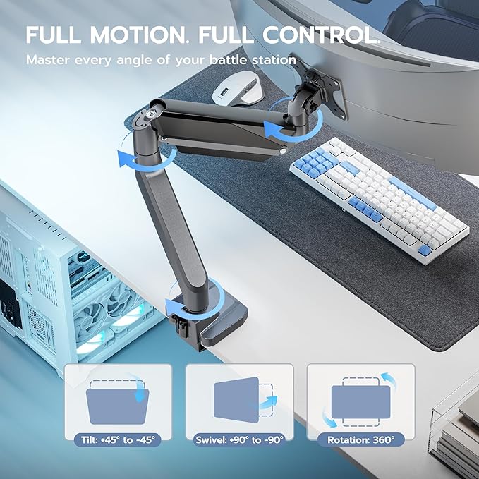 ARES WING Single Monitor Arm, Heavy Duty Adjustable Monitor Arm for 13"-49" Screens with USB, Gas Spring Desk Mount Stand with C Clamp/Grommet Mounting Base up to 40lbs Computer, Gray