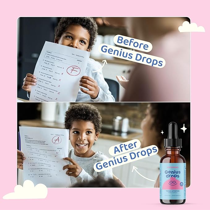 JoySpring Genius Drops for Kids | Clinically Proven Focus Supplement | Liquid Herbal Focus Supplement with Ginkgo Biloba for Kids (1 fl oz) 30 Servings