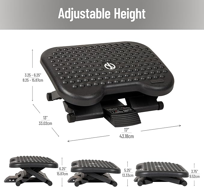Mind Reader Foot Rest, Under Desk at Work, Ergonomic, Height Adjustable, Office, Plastic, 17"L x 13"W x 6.25"H, Black