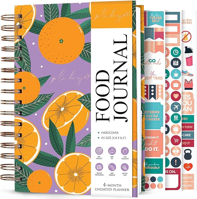 PLANBERRY Food Journal Premium – Nutrition Planner – Diet & Calorie Tracker – Meal & Exercise Diary – Weight Loss Journal (Orange Fresh)