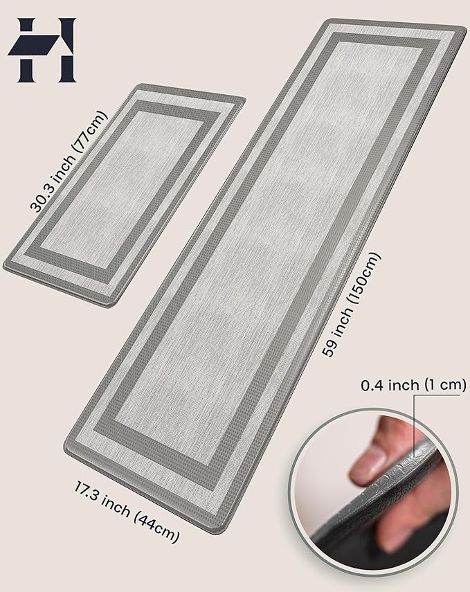 Anti-Fatigue Kitchen Mat Set – 2-Piece Memory Foam Cushioned Mats for Standing – Fabric Grey, 18×30 & 18×60, 0.4 in Thick, Waterproof, Non-Slip – Homergy
