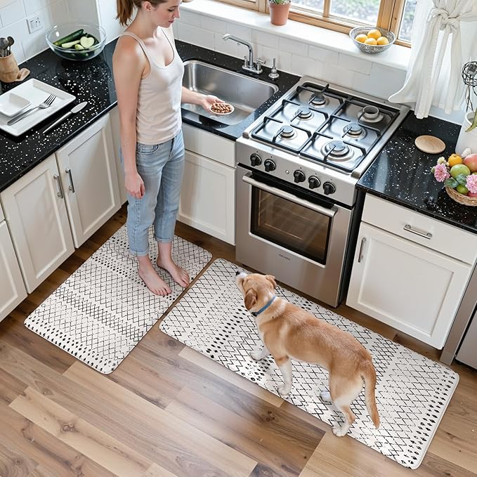 KIMODE Anti Fatigue Kitchen Mat, 20"x47"+20"x32" Kitchen Rugs Set of 2, Non-Slip Kitchen Floor Mats Cushioned, Comfort Mats for Kitchen Floor, Sink, Laundry, Office, Desk Black and White