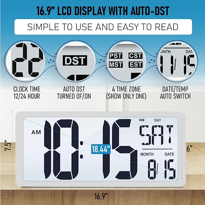 TXL 18.44" Large Digital Wall Clock with Backlight, Battery Operated Alarm Clock with Day, Date & Temperature, Jumbo Display Digital Count Up Down Timer Clock for Hoom,Classroom Room,Office