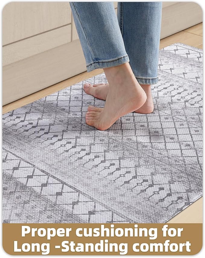 Color&Geometry Kitchen Floor Mats Anti Fatigue, Cushioned Boho Rugs,Waterproof Non Slip Kitchen Runner for Sink, Standing Mats for Office,24"x59",Grey
