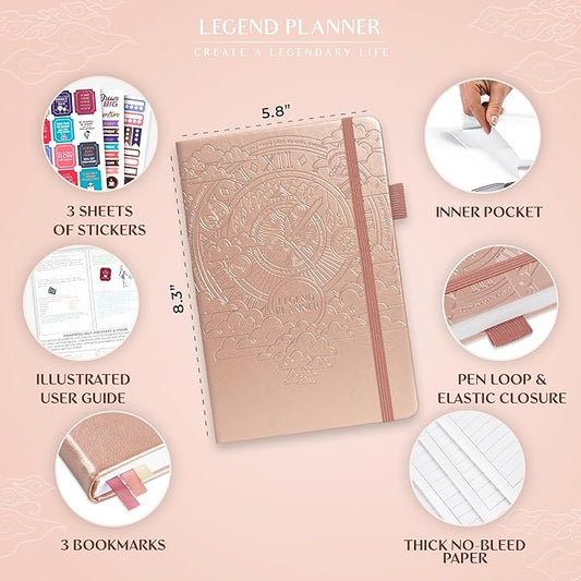 Legend Planner Hourly Schedule Edition – Deluxe Weekly & Daily Organizer with Time Slots. Time Management Appointment Book Journal for Work & Personal Life, Undated, A5 Hardcover – Rose Gold, Debossed