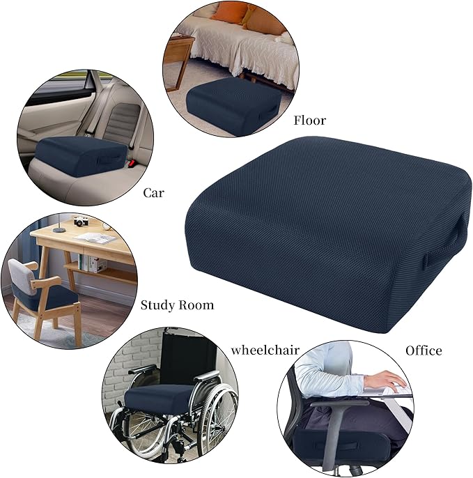 MABOZOO Extra Thick Chair Cushions, Office Chair Booster Seat Cushion to Raise Seat Height for Pain Relief,18 x 16 x 6 inch Non Slip Memory Foam Thick Cushion with Carry Handle（Navy Blue）