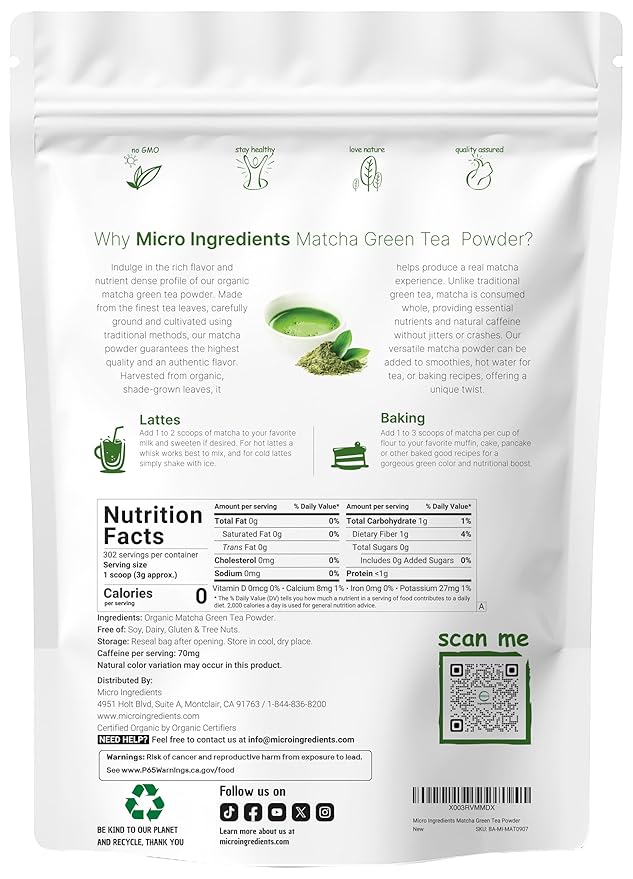 Micro Ingredients Organic Matcha Green Tea Powder, 2 lb | First Harvest, Culinary Grade from Japan | 100% Pure & Unflavored | Great for Tea, Latte & Smoothies | Non-GMO, 0 Calories, Eco-Friendly Packaging
