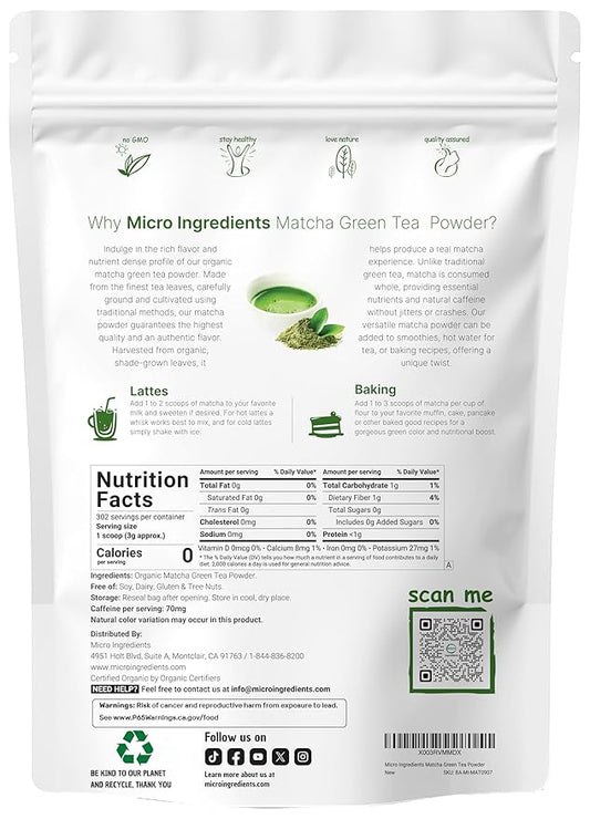 Micro Ingredients Organic Matcha Green Tea Powder, 2 lb | First Harvest, Culinary Grade from Japan | 100% Pure & Unflavored | Great for Tea, Latte & Smoothies | Non-GMO, 0 Calories, Eco-Friendly Packaging
