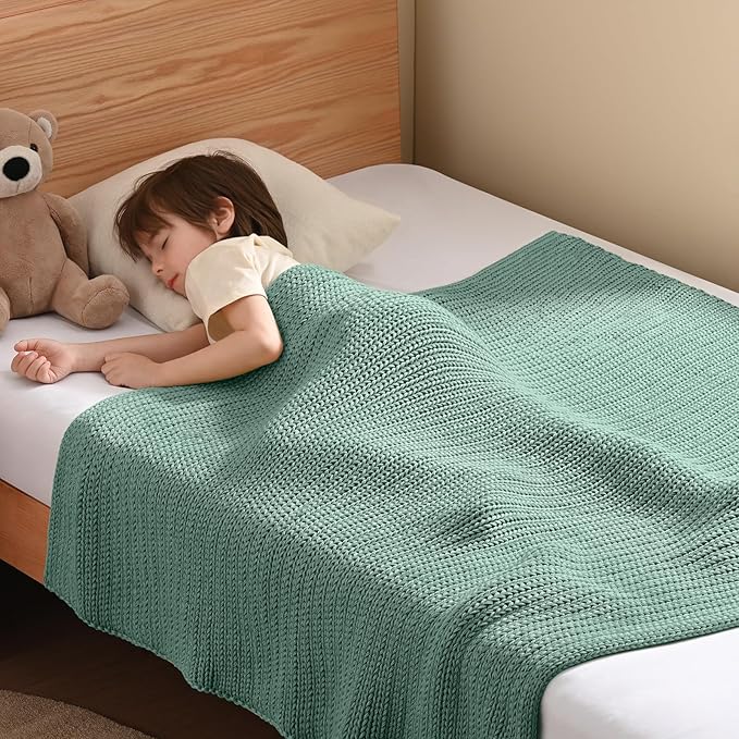 Guohaoi Knitted Weighted Blanket Kids (Haze Green 50"x60" 7lbs) No Beads Cooling Heavy Blanket, Home Decor Breathable Chunky Knit Throw Blanket for All-Season Use