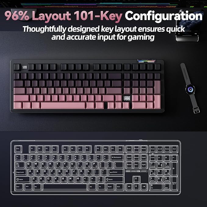 LINGBAO K98 Wireless Mechanical Gaming Keyboard, Tri-Mode BT5.0/2.4GHz/USB-C, Creamy Keyboard with Number Pad, Gasket Hot Swappable Linear Switches RGB Backlit Keyboards for Win/Mac/PC, (Black Pink)
