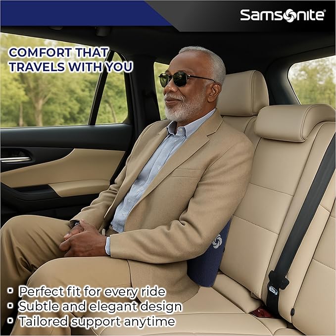 Samsonite Ergonomic Lumbar Support Pillow for Office Chair and Car Seat - Memory Foam Back Support Lumbar Pillow Premium Cushion Chair Support for Lower Back Pain Relief and Versatile Use (Dark Blue)
