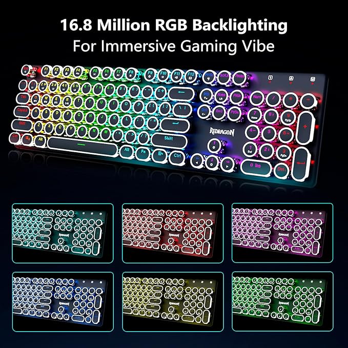 Redragon Typewriter Keyboard Wireless, Mechanical Gaming Keyboard, Bluetooth/2.4Ghz/Wired, RGB Backlit, Rechargeable, Blue Switch - Clicky, Metal Panel, Round Keycaps, Black
