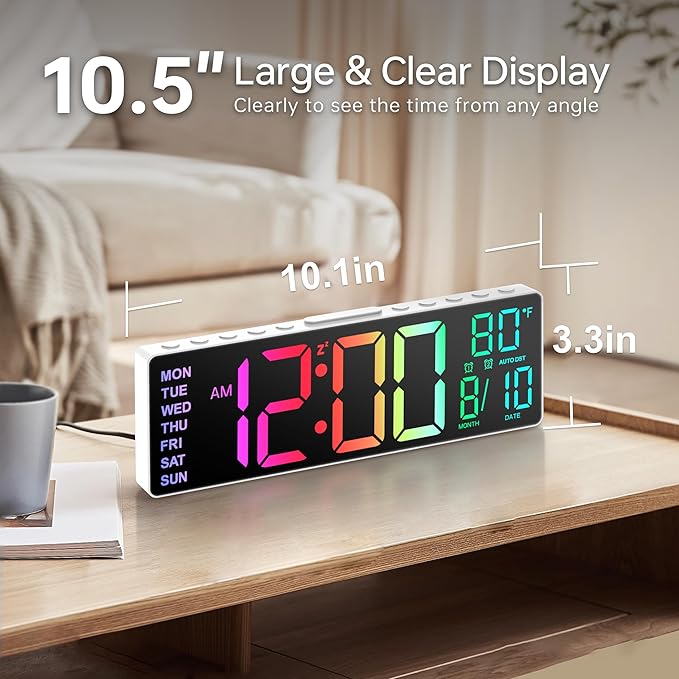 JALL 10.5'' Digital Large Alarm Clock with 8-in-1 RGB Colors, Date, Month, Temperature LED, Auto DST, Modern for Desk, Wall, Living Room, Bedroom, Birthday Xmas Gift (White, 10.5 inches)