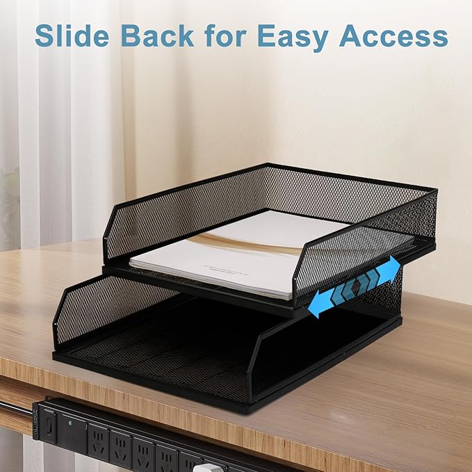 Stackable Paper Tray Organizer for Desk,Metal Mesh Wire Letter Tray, Letter Trays Organizers, Front-Load Paper Holder Storage for Office, School, Home,2 Pcs
