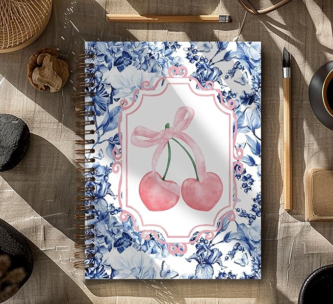 Coquette Blue Bow Notebook Journal,Girly Notebook for Women,Preppy Pink Cherry Notebook Journal,Blue Office Supplies,5.5x8.3 Inch