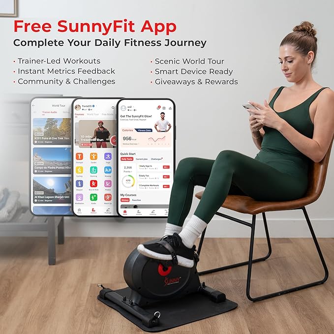 Sunny Health & Fitness Smart Under-Desk Bike Exerciser, Low-Impact Cardio Cycling Equipment for Home/Office, Mini Paddler for Arm/Leg Mobility Training, Free SunnyFit App Connect, Optional Motorized