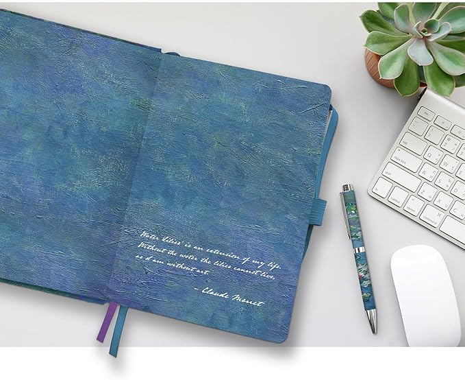 RainCaper Vegan Leather Journal Notebook, 160 Dot-Grid Pages, 5.7 inches x 8 inches, Journal - Monet Water Lilies