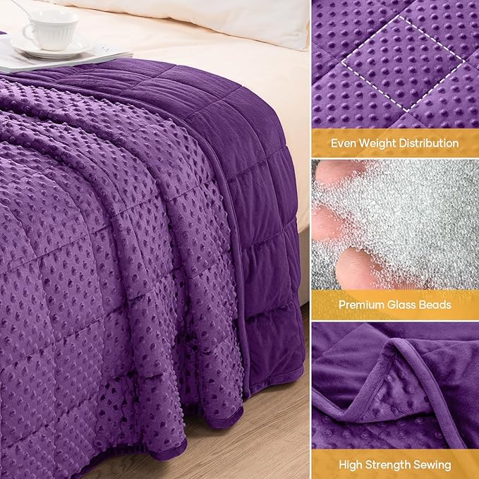 Wemore Minky Dot Weighted Blanket for Adults Queen Size 15 lbs, Soft Heavy Blanket for Stress Relief and Sleep Promotion, Breathable Blanket for All-Season with Glass Beads, Purple 60 x 80 inches