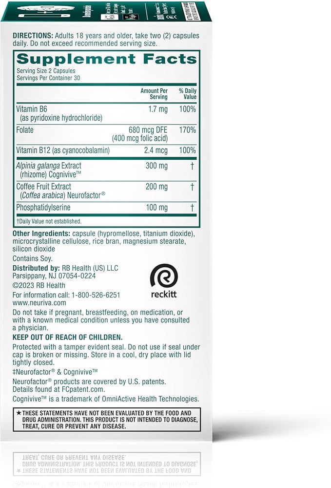 NEURIVA Ultra Decaffeinated Clinically Tested Nootropic Brain Supplement for Mental Alertness, Memory, Focus & Concentration, Cognivive, Neurofactor, Phosphatidylserine, Vitamins B6 B12, 60 Capsules