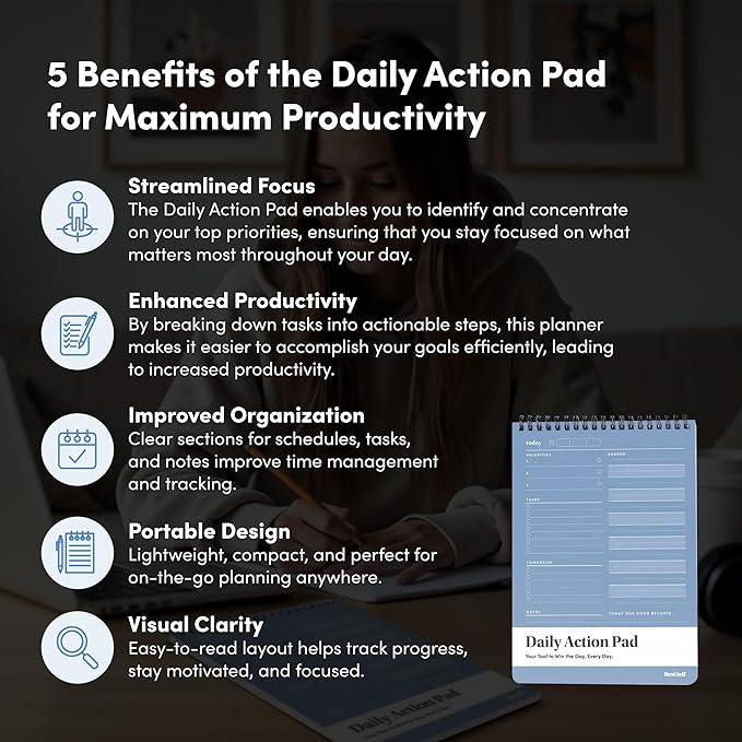 BestSelf Co. Daily Action Pad 60 Sheets – 120 GSM Paper, Ring-Bound Work Planner & To-Do List Notepad | Daily Planner for Productivity | Hourly Schedule, Task Checklist & Tomorrow’s Plan