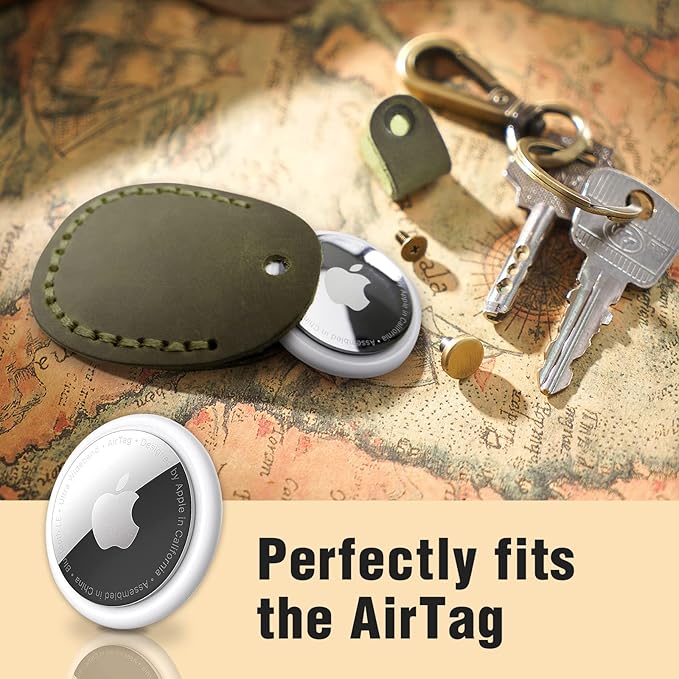 for Airtag Holder, Portable Genuine Leather Airtag Keychain with Key Rings Full Coverage Air Tags Hidden Case Cover Compatible with AirTags Olive Green