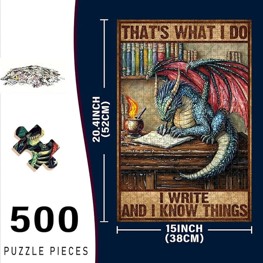 500 Piece Wooden Jigsaw Puzzle That's What I Do I Write and I Know Things for Adults & Kids Challenging Brain Teaser for Family Bonding Stress Relief Focus Trainer & Educational Toy 20.4x15 Inch
