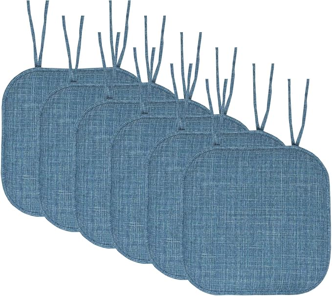 Sweet Home Collection Chair Cushion Memory Foam Pads with Ties Honeycomb Pattern Slip Non Skid Rubber Back Rounded Square 16" x 16" Seat Cover, 6 Pack, Aria Blue 12 Pack