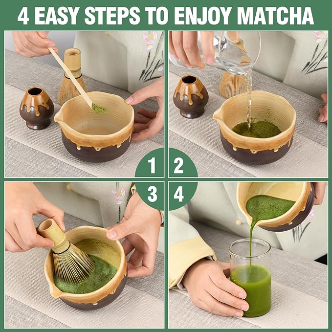 Pottery Matcha Set - Japanese Handcrafted Matcha Tea Bowl Mineral Glaze Bowl with Spout, Bamboo Whisk, Scoop & Chasen Holder | 4pc Tea Ceremony Kit for Matcha Lovers (Coffee Sand)