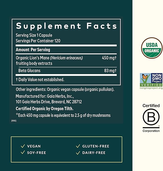 Gaia Herbs Lion’s Mane Mushroom - Brain & Nerve Health Support - 120 Vegan Capsules