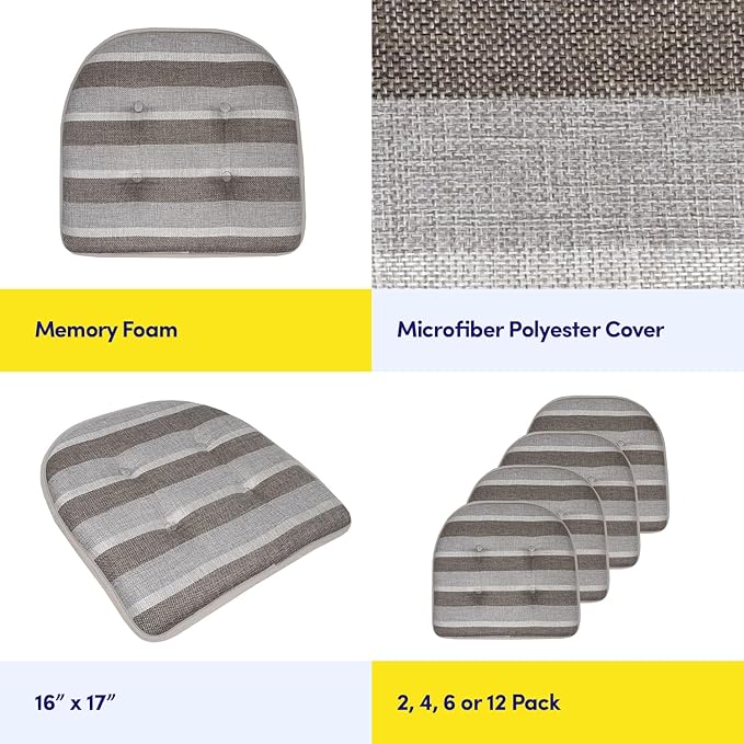 Sweet Home Collection Chair Cushion Memory Foam Pads Tufted Slip Non Skid Rubber Back U-Shaped 17" x 16" Seat Cover, 2 Count (Pack of 1), Bradford Silver/Brown