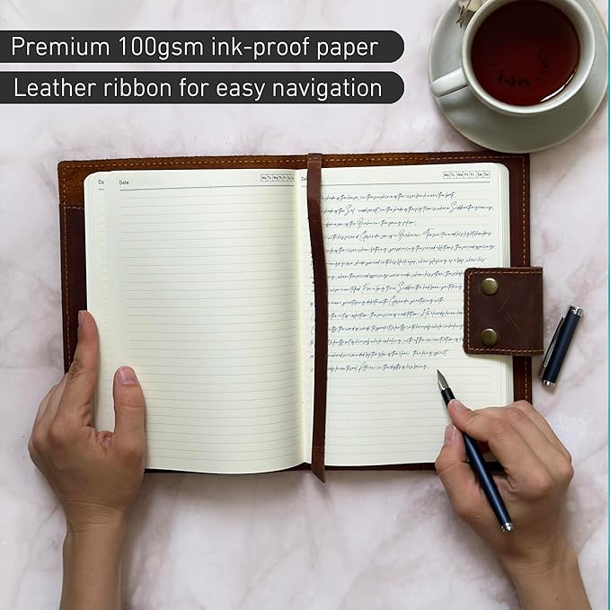Vintage Logbook Inspired Refillable Leather Journal – A5 8x5 Notebook for Men and Women, 2 Premium Inserts (Lined & Blank), 400 Pages of 100gsm Ink-Proof Paper - Reusable Cover Writing Journal