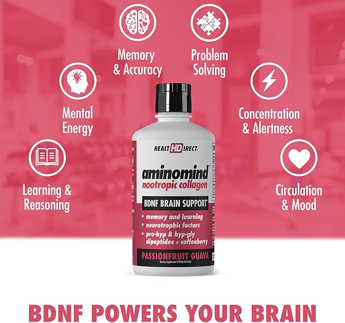 HEALTH DIRECT - AminoMind - Nootropic Collagen Supplement for Brain Health and BDNF - Pro-Hyp & Hyp-Gly Dipeptides, Coffeeberry Antioxidants - Passionfruit Guava - 14 Fl Oz (28 Servings)