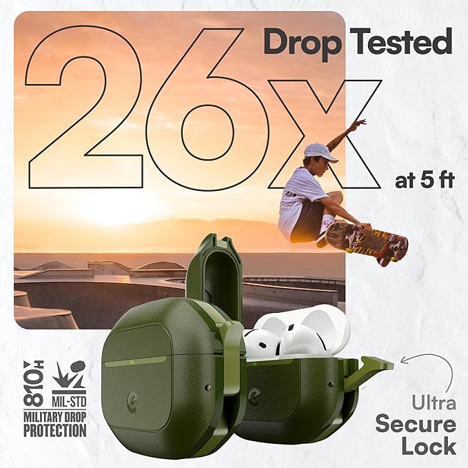 Keybudz for AirPods 4 Case with Lock - Fully Waterproof AirPods 4th Generation Case Cover - Keychain, Rugged Tough Protection, Hard Shell and Carabiner (Forest Green)