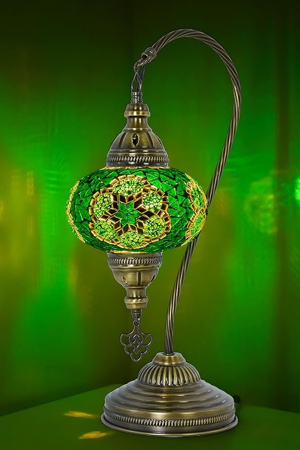 mozaist Moroccan Mosaic Tiffany Style Desk Lamp, Turkish Stained Glass Handmade Bedside Gooseneck Table Lamp, Bohemian Living Room Vintage Light with E12 Socket & US Plug (Dark Green)