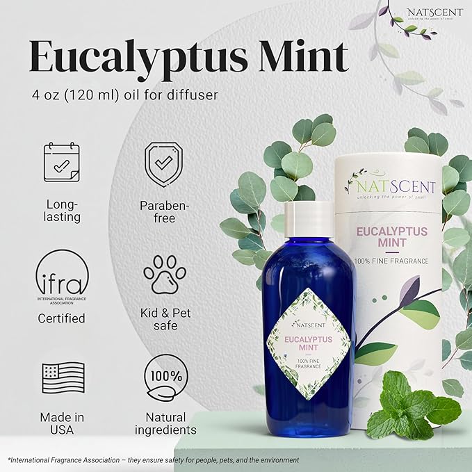 Eucalyptus Mint Essential Oils for Diffusers for Home, Nature-Based Eucalyptus Essential Oil, Long-Lasting & Family-Friendly Diffuser Oils Scents, IFRA Certified, Cold Air & Ultrasonic-4 oz