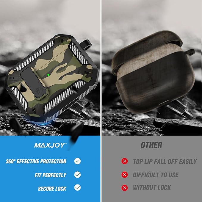 Maxjoy for AirPods Pro Case Cover with Lock, AirPods Pro 1st Generation Case for Men Military Rugged Protective Cover with Keychain Compatible with Apple AirPod Pros 2019 Front LED Visible,Jungle Camo