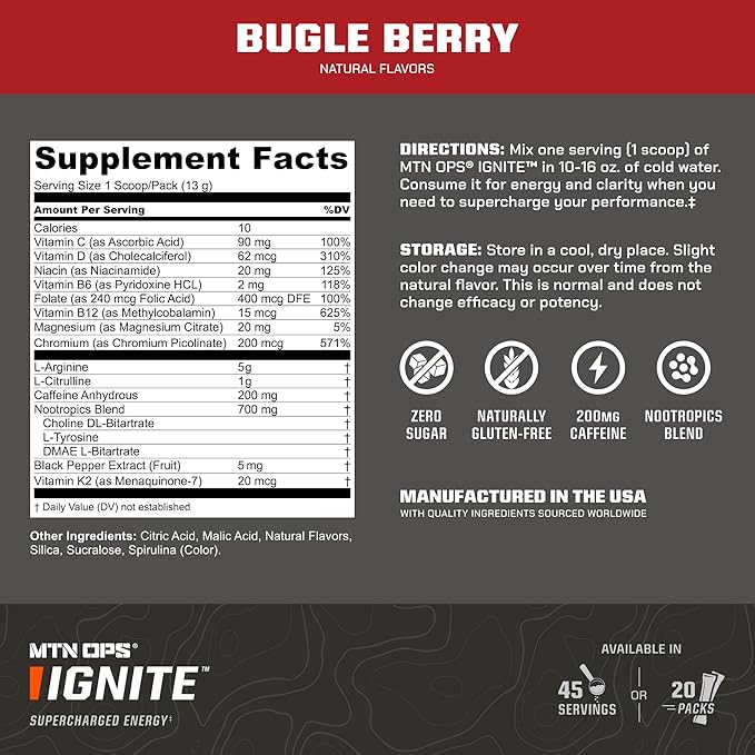 MTN OPS Ignite Energy Drink Powder, Gluten Free Nootropic Supplement Drink Mix, L Arginine, L Citrulline, Caffeine & Nootropic Sugar Free Drink Mix, 45 Servings, Bugle Berry