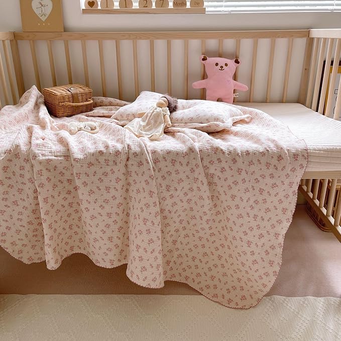 BuLuTu Baby Nursery Throw Blanket Cotton Muslin Kids Blanket with Cute Galsang Flowers Crib/Cradle Quilt Thin Summer Quilt for Boys,Girls,Toddler Breathable,Lightweight Machine Washable 47"x51"