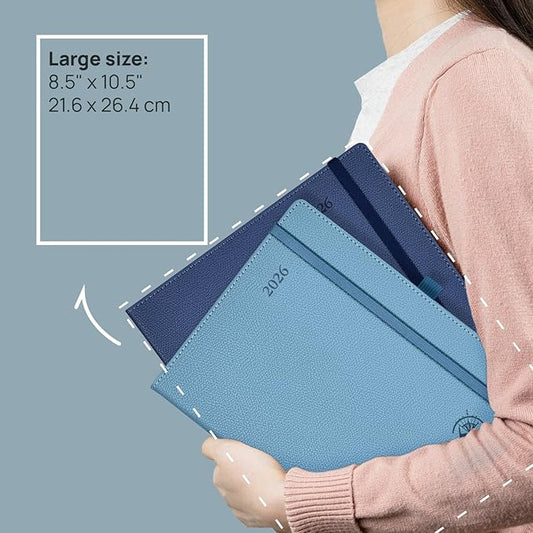 POPRUN Weekly Planner 2026 Calendar (Large 8.5" x 10.5") 12 Months Notebook with Horizontal Layout, Leather Hardcover, Inner Pocket, 100GSM Thick Paper, Pen Holder - Pacific Green