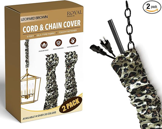 Royal Designs, Inc. Cord & Chain Cover 4 ft Silk Type Fabric, Chandelier Pendant Lighting Chain & Cable Management, Touch Fastener, Leopard Brown - 2 Pack