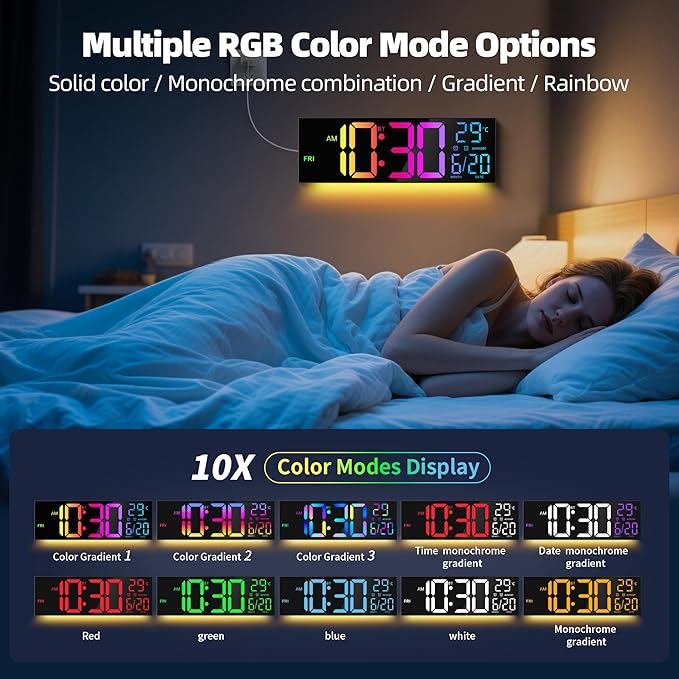 Maxstar 16.2'' Large Digital Wall Clock with Bluetooth Auto Sync, Remote Control, Alarm, LED Display, RGB Colors, Auto DST & Temperature for Classroom, Bedroom, Office, Garage-Black