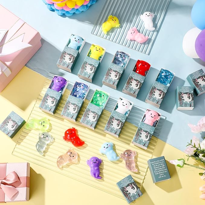 Wettarn 20 Sets Axolotl Positive Gifts Cute Stress Balls with Support Gift Boxes Inspirational Party Favors for Employee Coworker Friends Office Appreciation Relief Toys