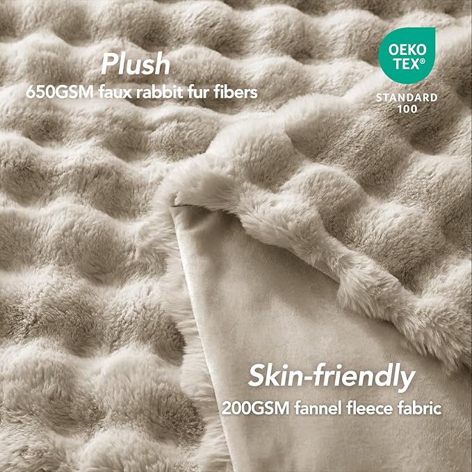 L'AGRATY Faux Rabbit Fur Blanket: 60" x 80" Twin Luxury Soft Fluffy Thick Fur Throw Blanket for Couch Bed Sofa - Cozy Plush Bubble Blankets for Winter: Flannel Fleece Decorative Blanket(Castle Grey)